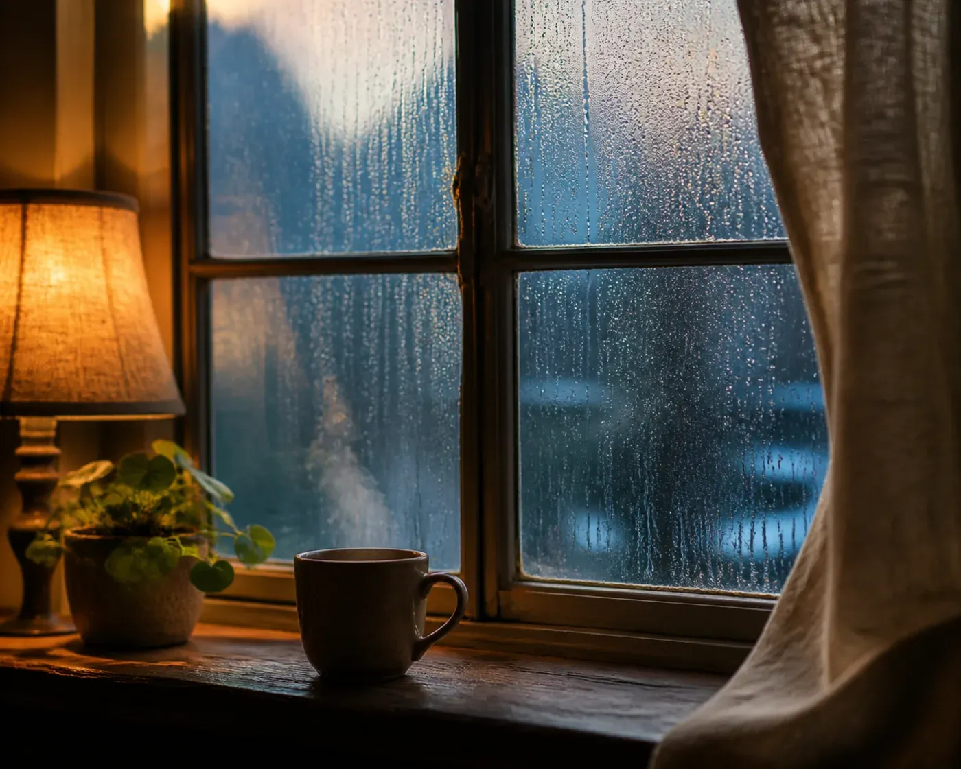 Fenêtre embuée au petit matin : gouttes sur la vitre, lampe à la lumière chaude, tasse et plante sur l’appui.