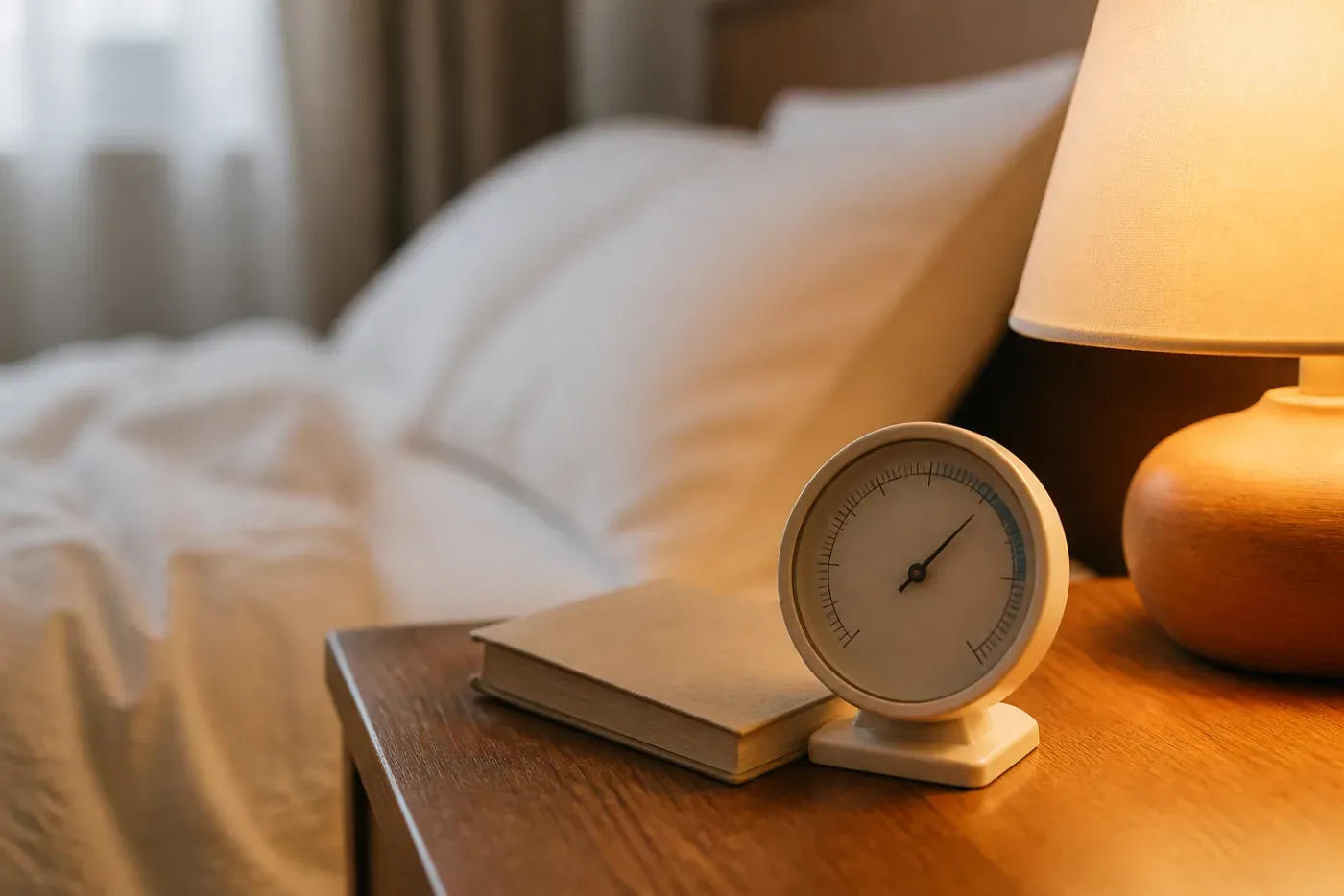 Hygromètre à cadran posé sur une table de chevet, à côté d’une lampe allumée.