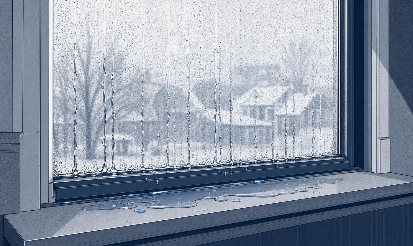 Fenêtre couverte de condensation, gouttes qui coulent sur la vitre et flaque sur l’appui.